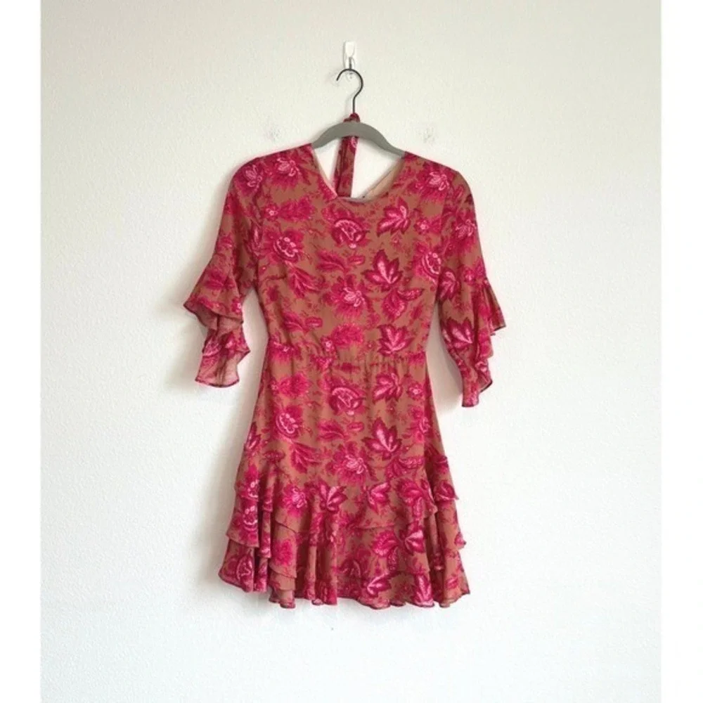 Sundae Muse Boho Floral Mini Dress‎ 6 Pink Tan Ruffle Tiered Open Back Festival - Picture 2 of 8